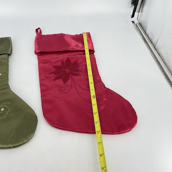 Set of 2 Sateen Embroidered Christmas Holiday Stocking Green Pink - Picture 2 of 5